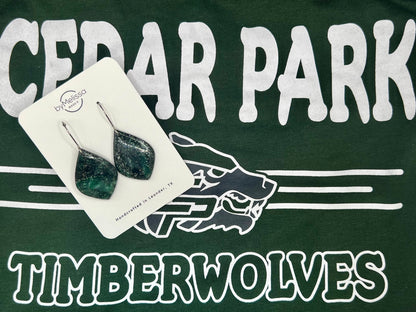 Cedar Park High School earrings, green and black CPHS spirit jewelry, Timberwolves game day accessory