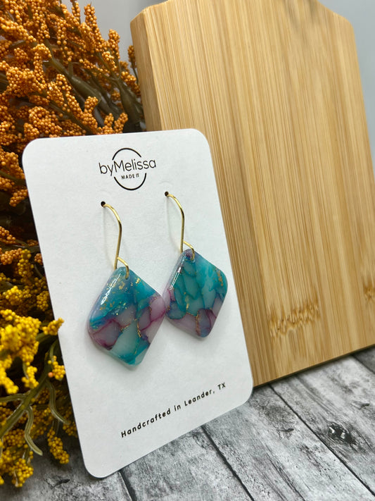 Teal and Plum Rounded Square Drop Earrings in Gold