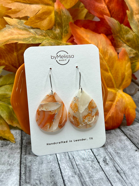 Orange and White Small Wide Teardrop Drop Earrings in Silver
