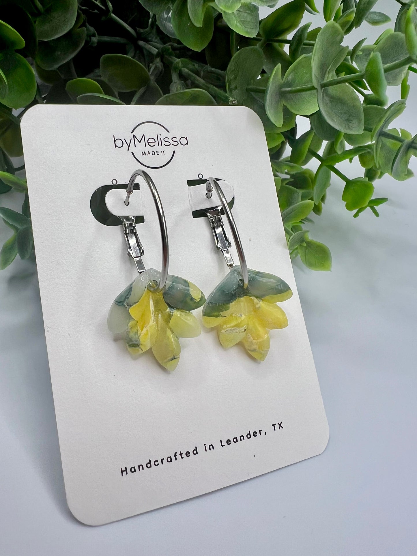 Yellow and Sage Small Feather Hoop Earrings in Silver