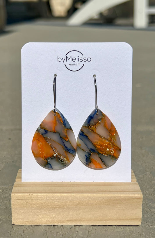 Navy and Orange Small Wide Teardrop Drop Earrings in Silver