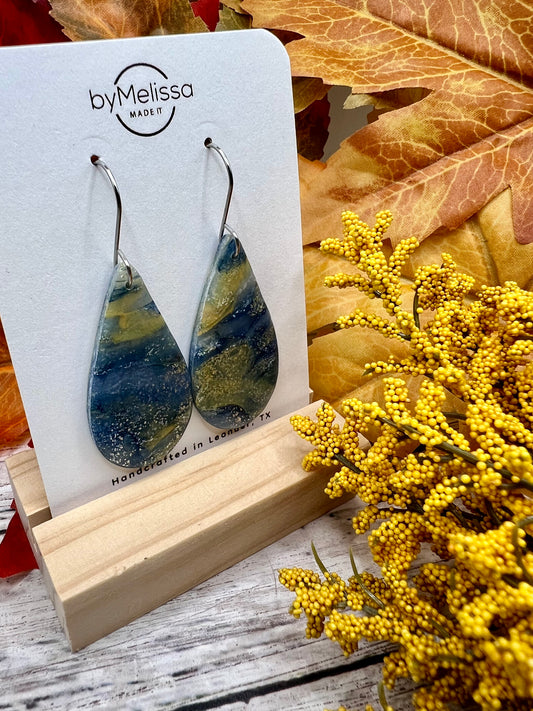 Navy and Mustard Small Teardrop Drop Earrings in Silver