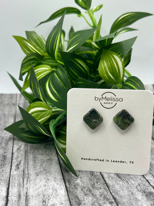 Army Green and Black Rounded Square Stud Earrings