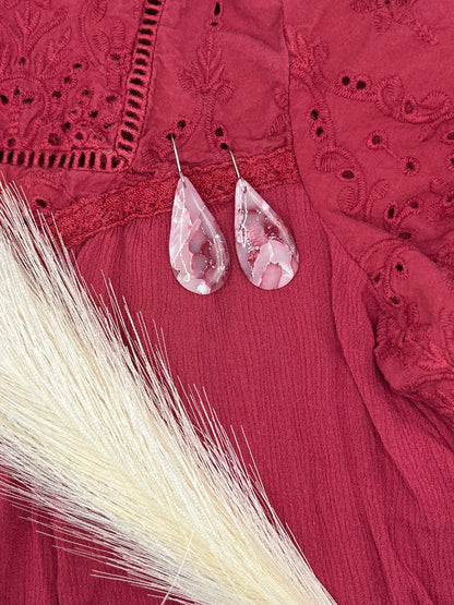 Maroon, Pink, and White Small Teardrop Drop Earrings in Silver