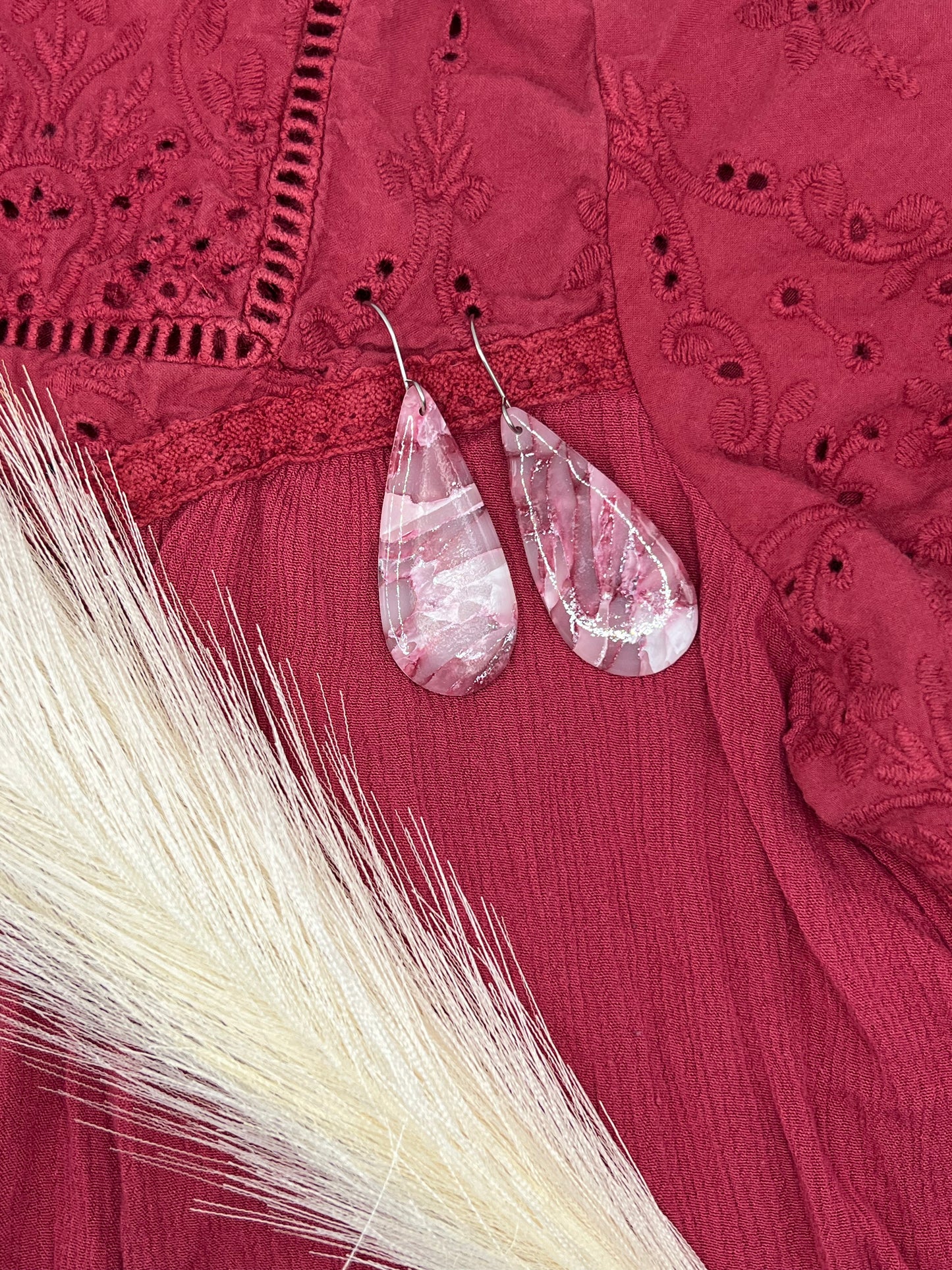 Maroon, Pink, and White Large Teardrop Drop Earrings in Silver