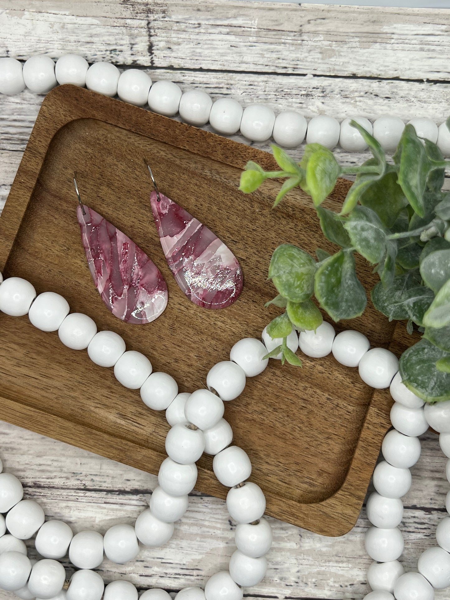 Maroon, Pink, and White Large Teardrop Drop Earrings in Silver