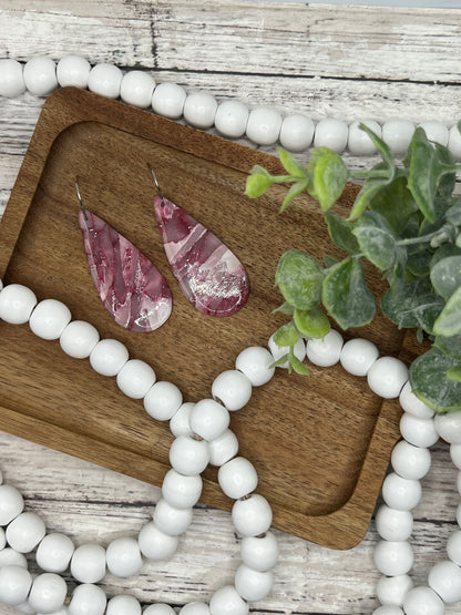 Maroon, Pink, and White Large Teardrop Drop Earrings in Silver