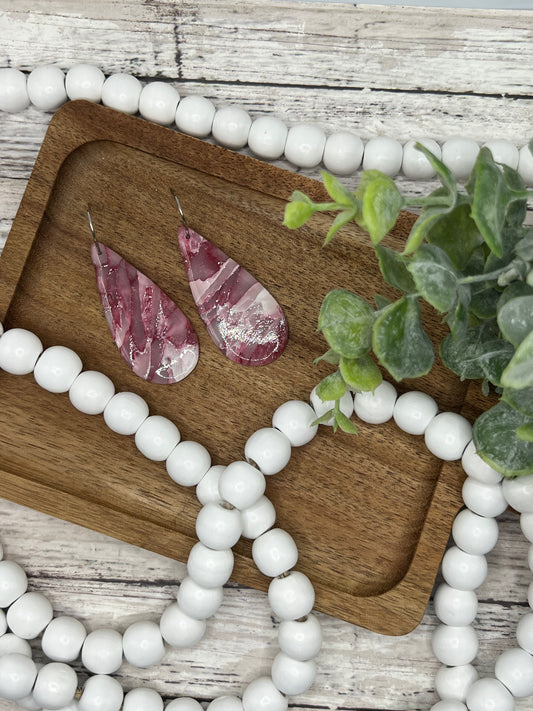 Maroon, Pink, and White Large Teardrop Drop Earrings in Silver
