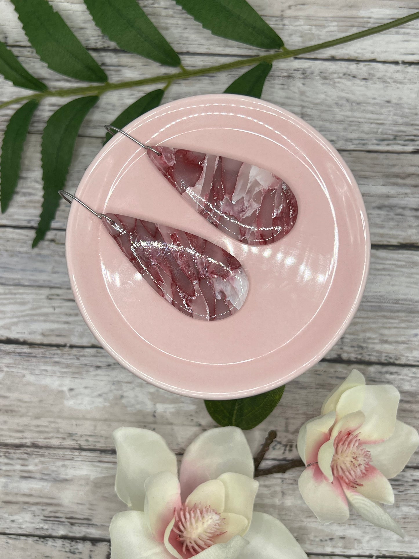 Maroon, Pink, and White Large Teardrop Drop Earrings in Silver