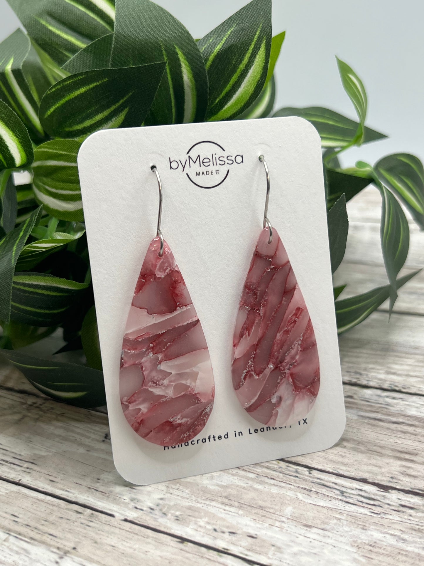 Maroon, Pink, and White Large Teardrop Drop Earrings in Silver