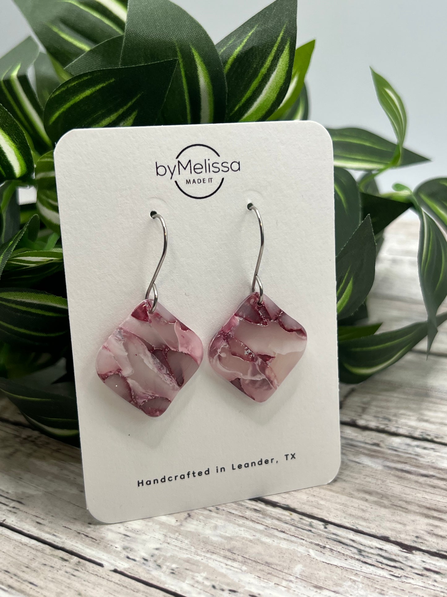 Maroon, Pink, and White Small Rounded Square Drop Earrings in Silver