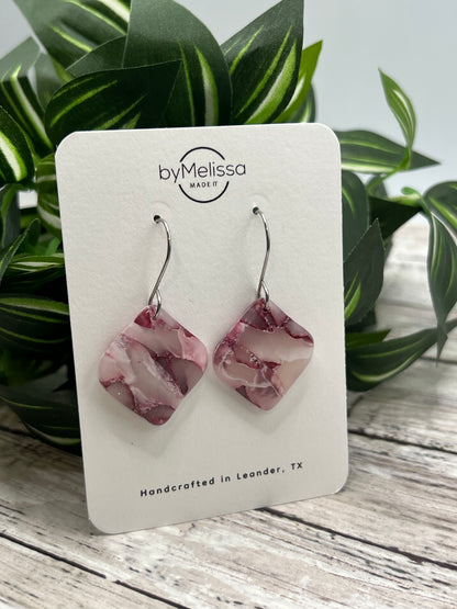 Maroon, Pink, and White Small Rounded Square Drop Earrings in Silver