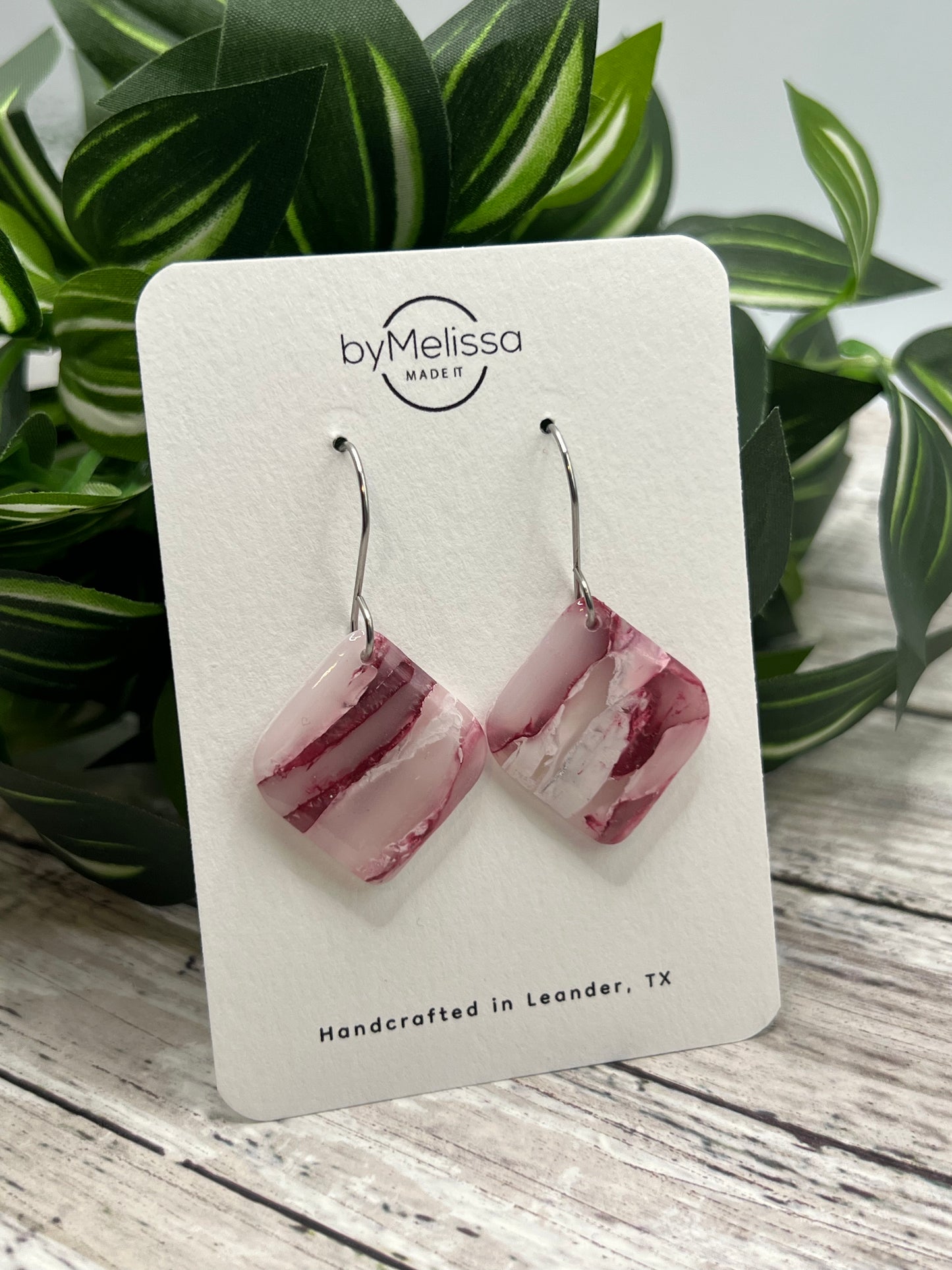 Maroon, Pink, and White Small Rounded Square Drop Earrings in Silver