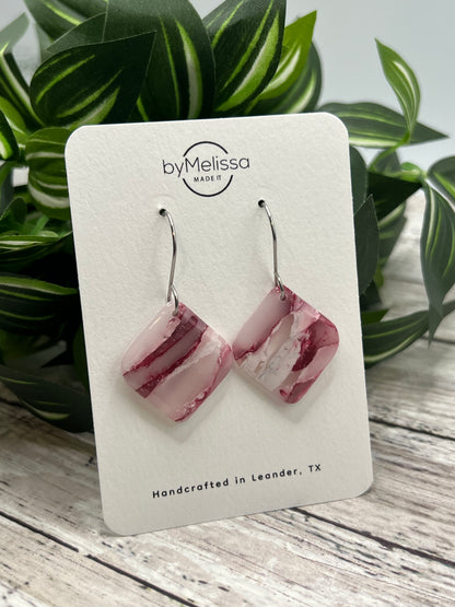 Maroon, Pink, and White Small Rounded Square Drop Earrings in Silver