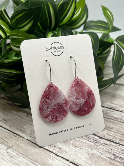 Maroon, Pink, and White Small Wide Teardrop Drop Earrings in Silver