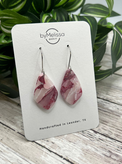 Maroon, Pink, and White Small Kite Drop Earrings in Silver