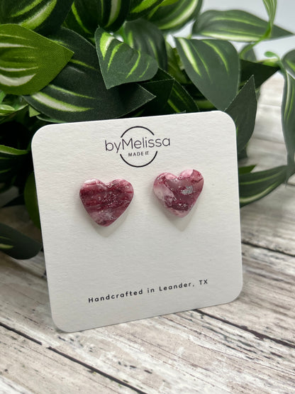 Maroon, Pink, and White Heart Stud Earrings