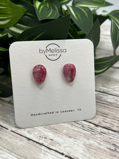 Maroon, Pink, and White Teardrop Stud Earrings