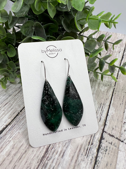 Forest Green and Black Small Elongated Kite Drop Earrings in Silver
