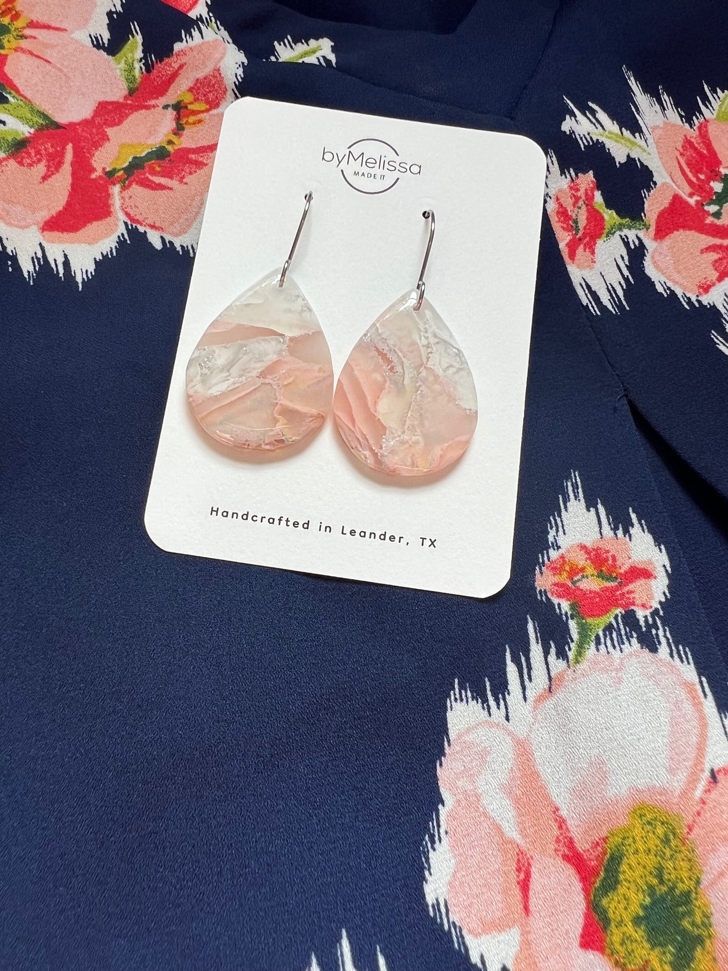 Blush Pink and White Small Wide Teardrop Drop Earrings in Silver