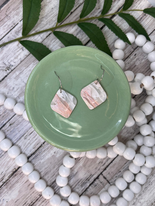 Blush Pink and White Small Rounded Square Drop Earrings in Silver