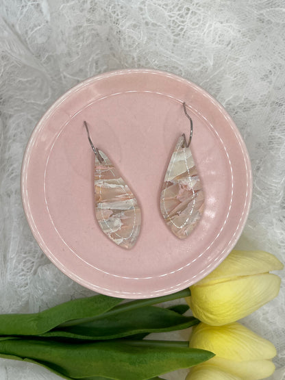 Blush Pink and White Small Elongated Kite Drop Earrings in Silver
