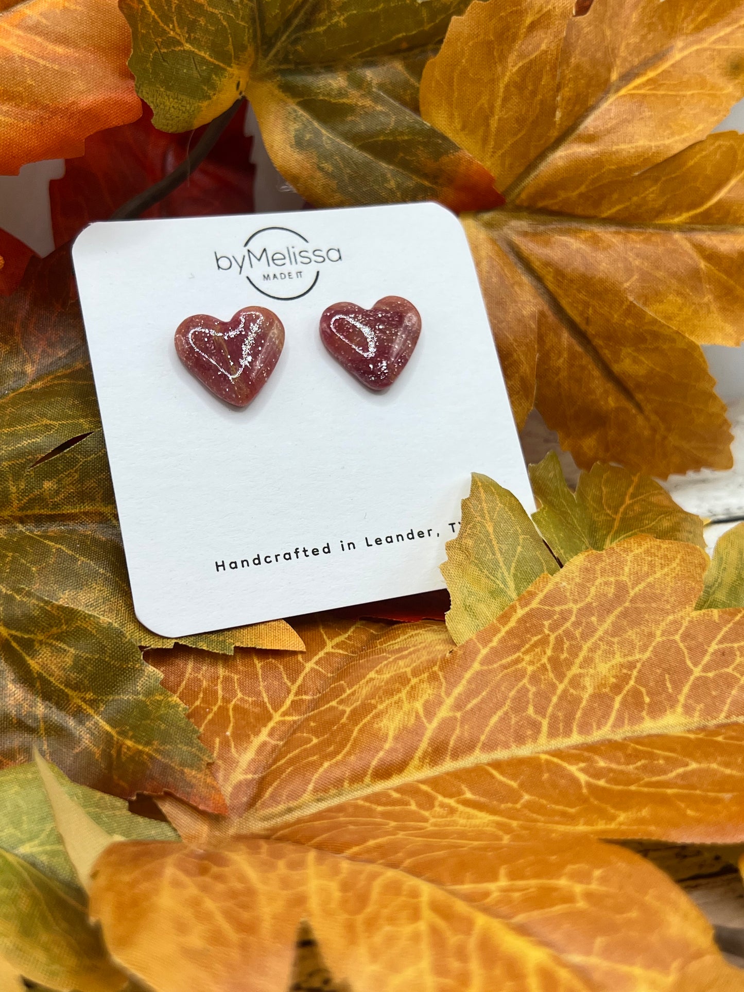 Maroon and Mustard Heart Stud Earrings