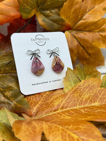 Maroon and Mustard Petite Kite Bowknot Earrings in Silver