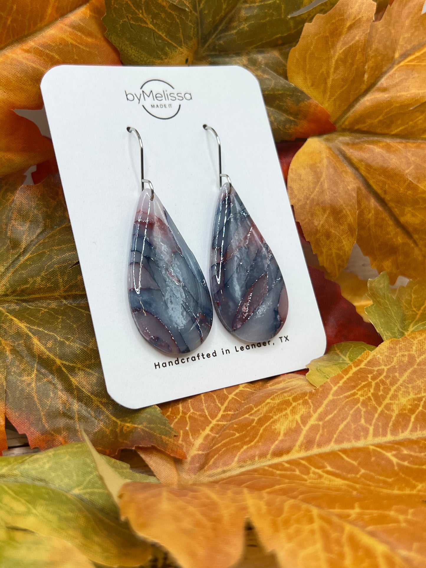 Navy and Maroon Small Teardrop Drop Earrings in Silver