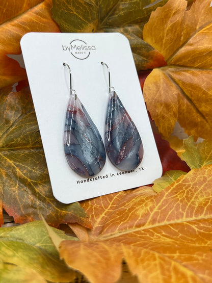 Navy and Maroon Small Teardrop Drop Earrings in Silver