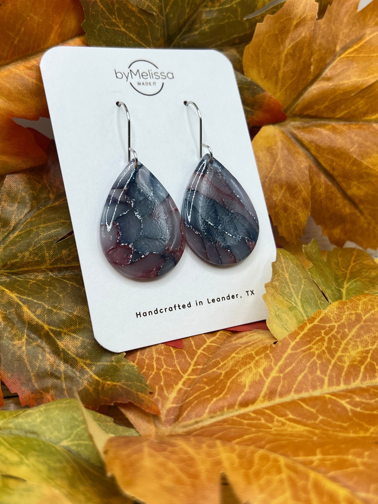 Navy and Maroon Small Wide Teardrop Drop Earrings in Silver