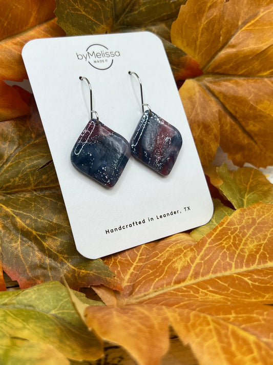 Navy and Maroon Small Rounded Square Drop Earrings in Silver