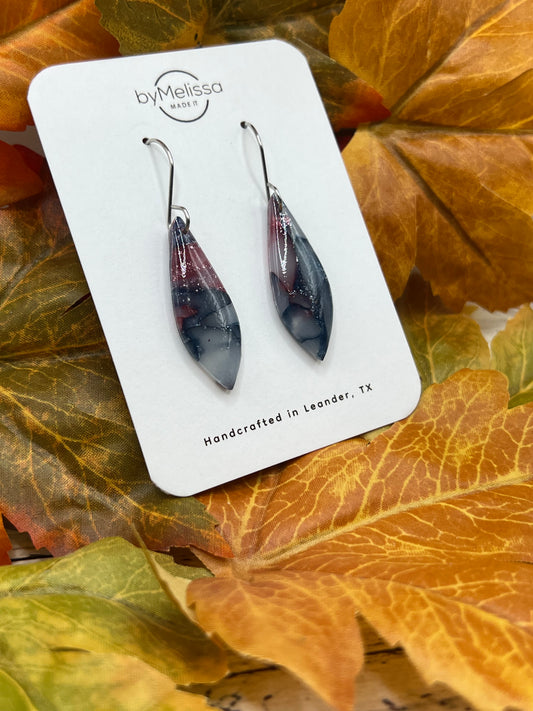 Navy and Maroon Small Elongated Kite Drop Earrings in Silver