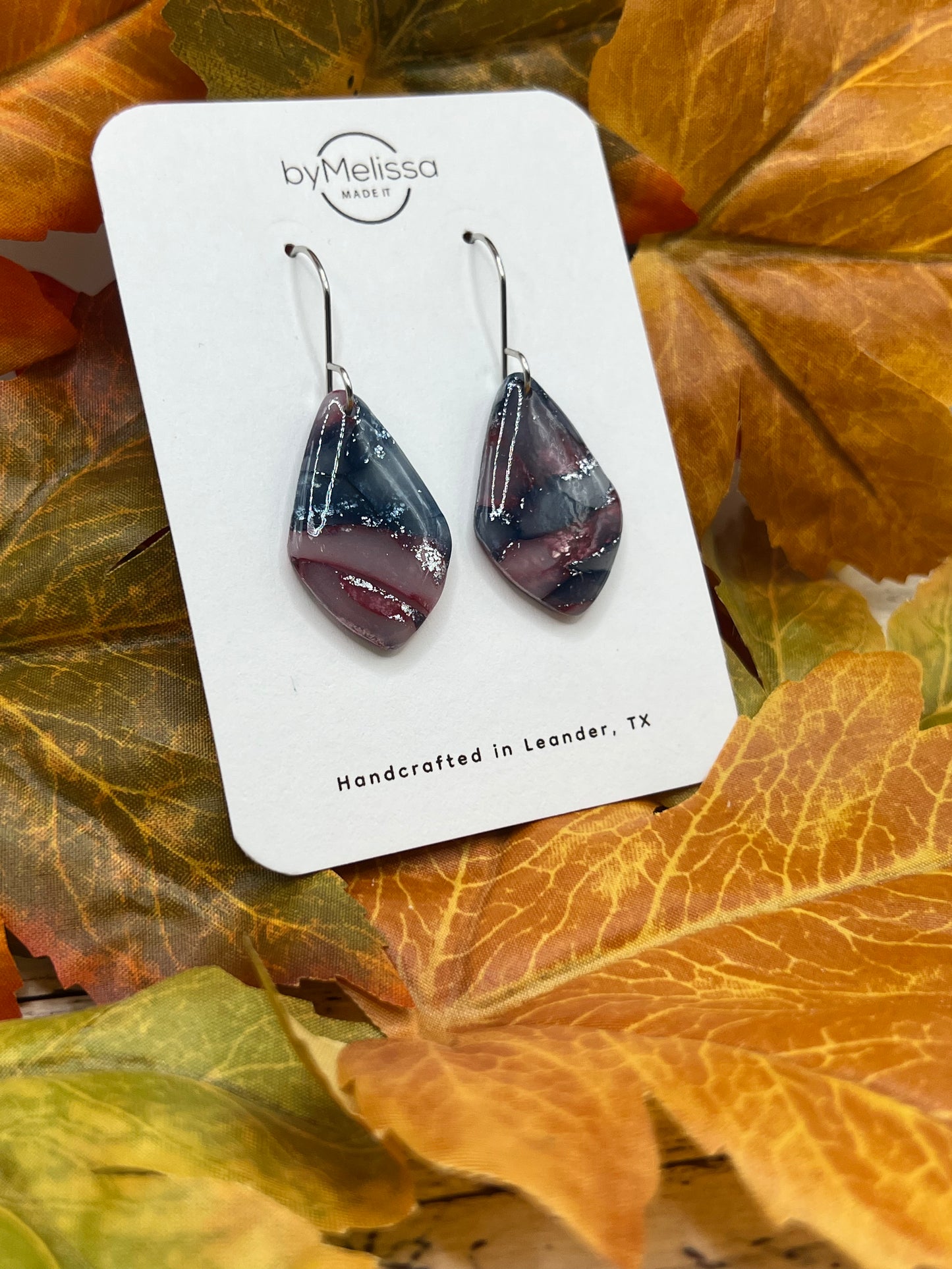 Navy and Maroon Small Kite Drop Earrings in Silver