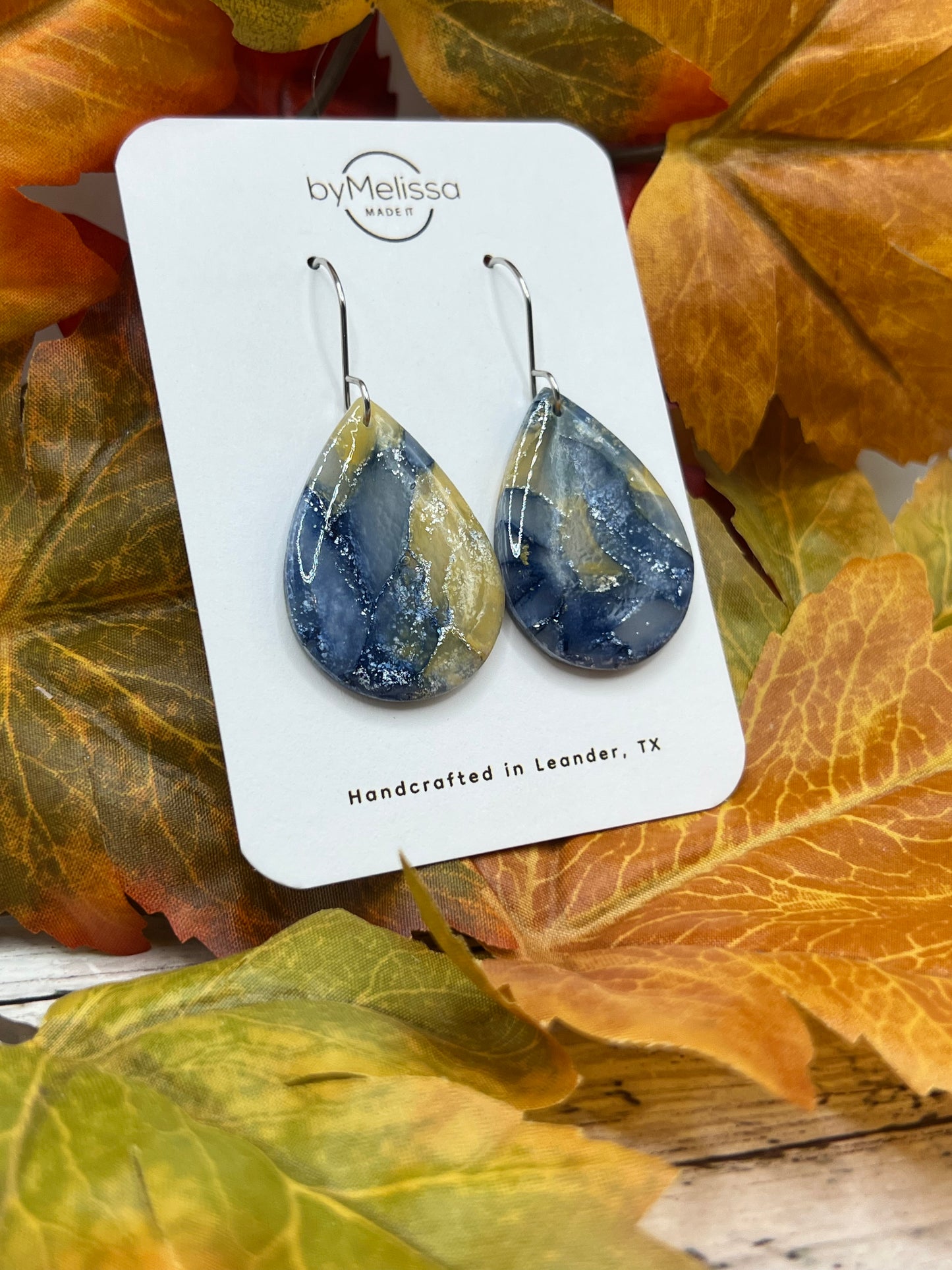 Navy and Mustard Small Wide Teardrop Drop Earrings in Silver