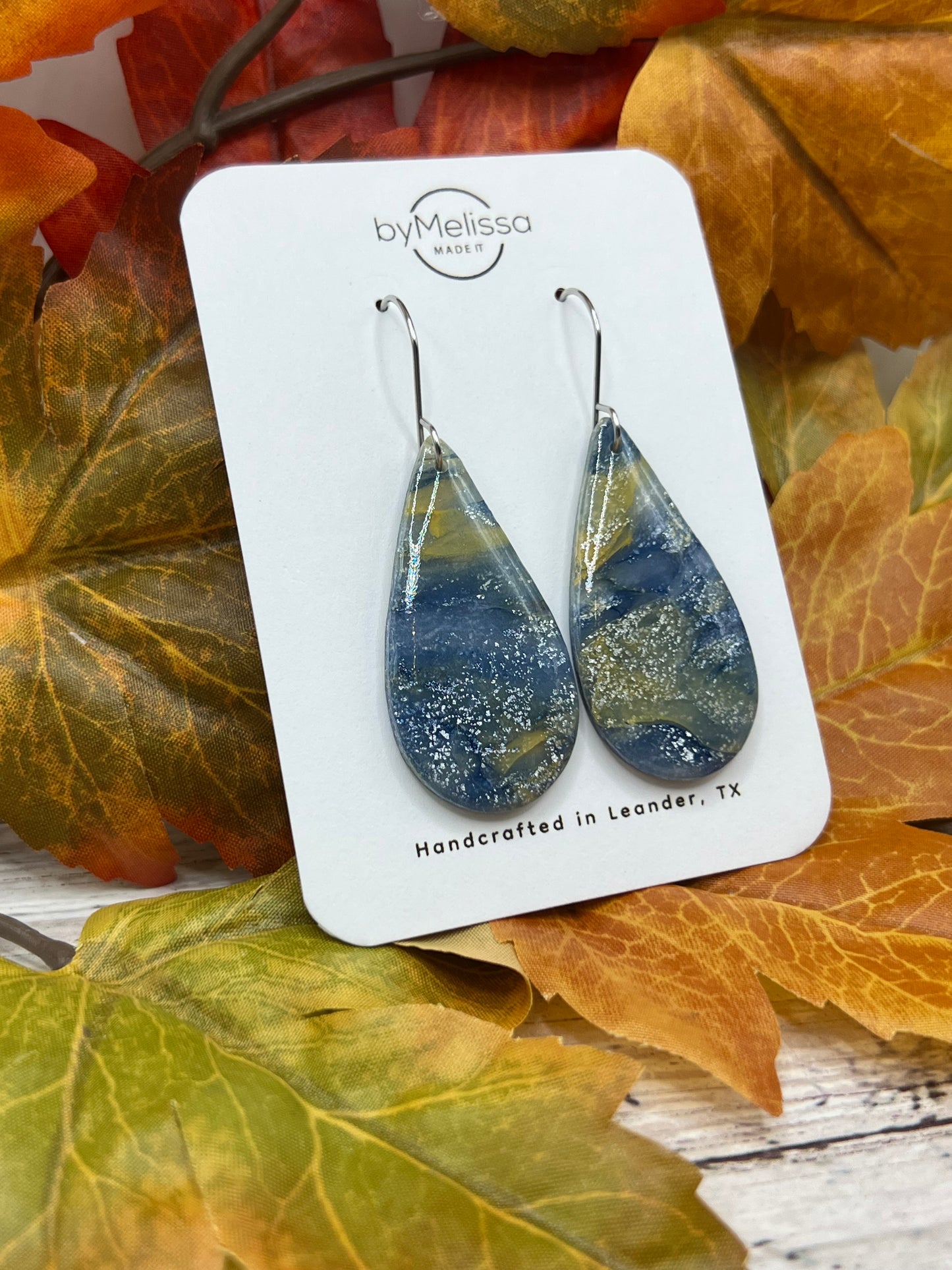 Navy and Mustard Small Teardrop Drop Earrings in Silver