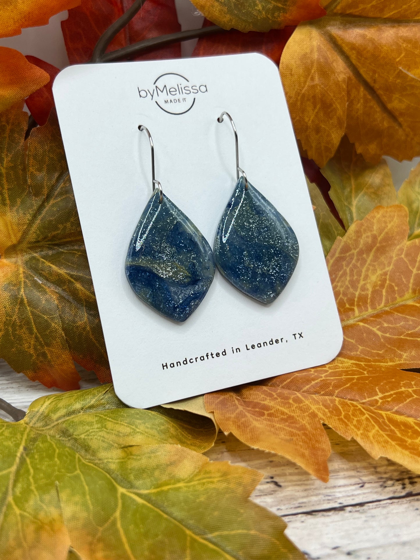 Navy and Mustard Small Wide Leaf Drop Earrings in Silver