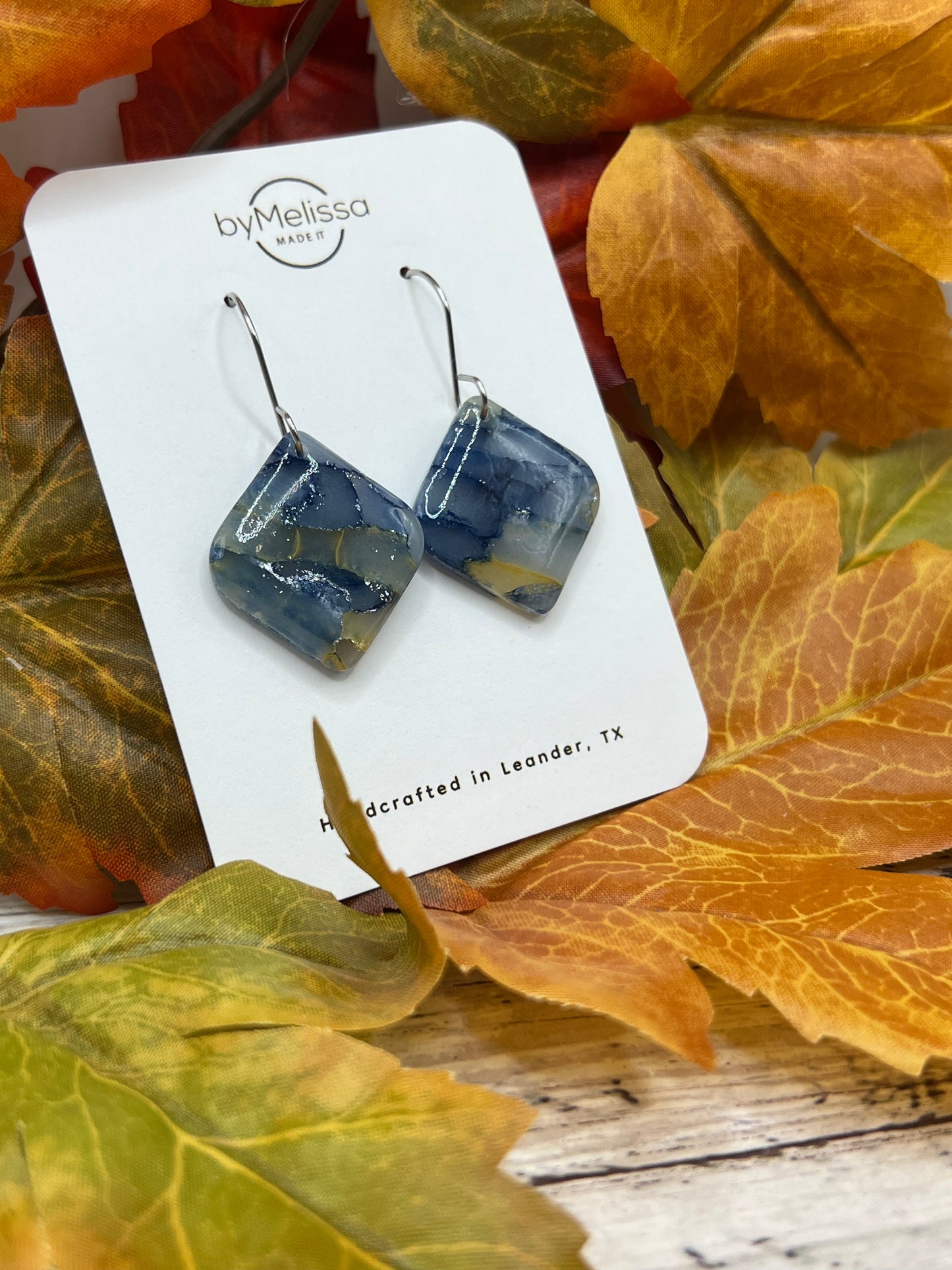 Navy and Mustard Small Rounded Square Drop Earrings in Silver