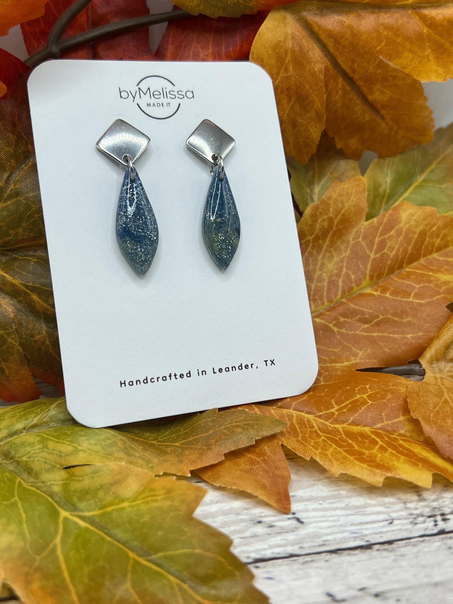 Navy and Mustard Petite Elongated Kite Silver Diamond Stud Earrings