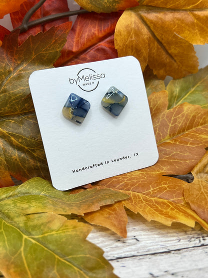 Navy and Mustard Rounded Square Stud Earrings