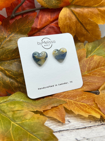 Navy and Mustard Heart Stud Earrings