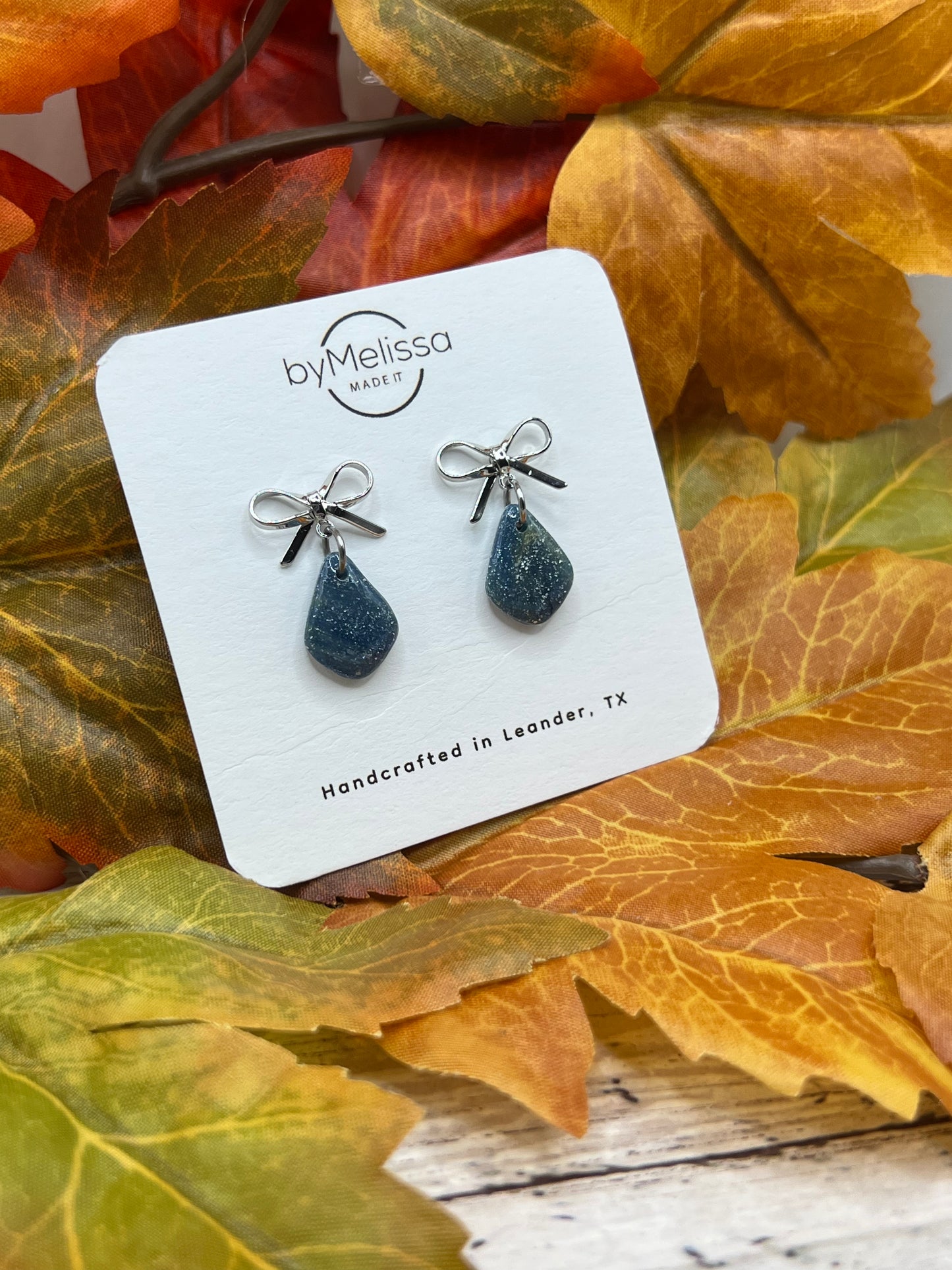 Navy and Mustard Mini Kite Bowknot Earrings in Silver