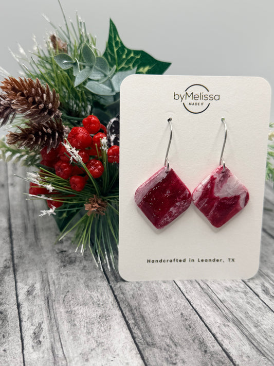 Red and White Small Rounded Square Drop Earrings in Silver