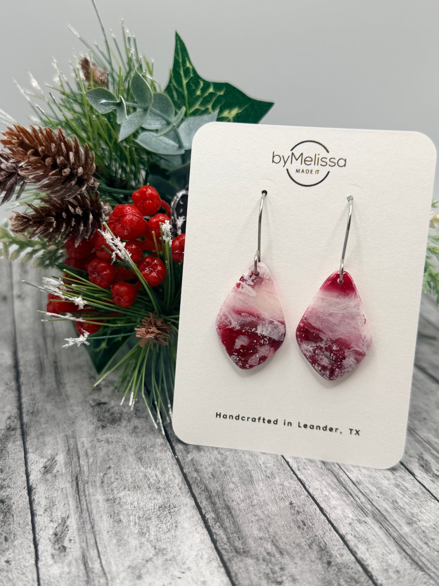 Red and White Small Kite Drop Earrings in Silver