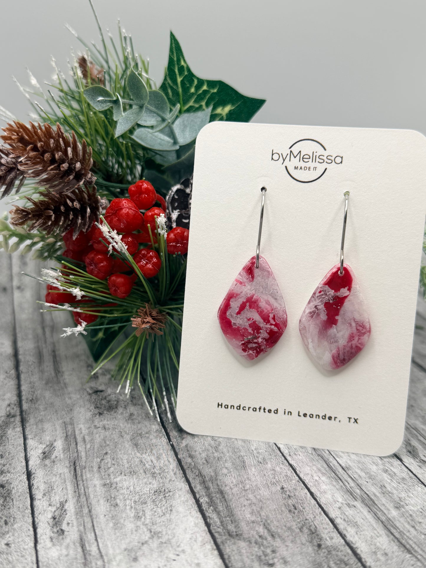 Red and White Small Kite Drop Earrings in Silver