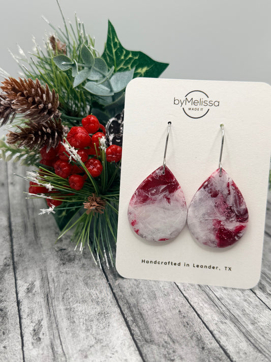 Red and White Small Wide Teardrop Drop Earrings in Silver