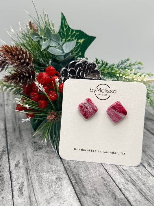 Red and White Rounded Square Stud Earrings