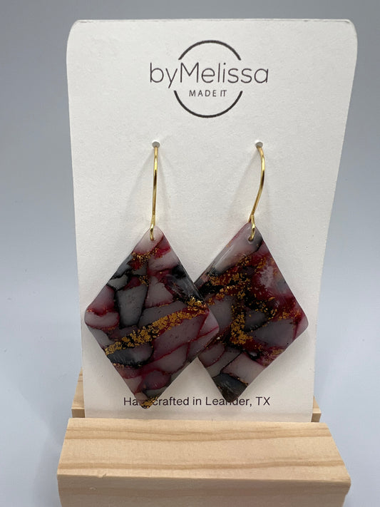 Maroon and Black Large Diamond Drop Earrings in Gold