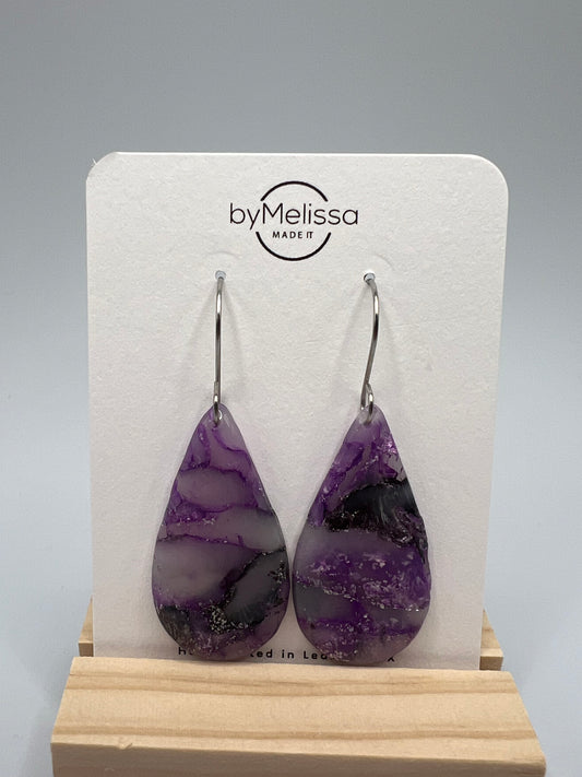 Purple and Black Small Teardrop Drop Earrings in Silver