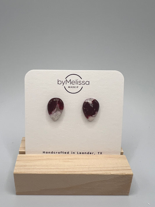 Maroon and White Teardrop Stud Earrings